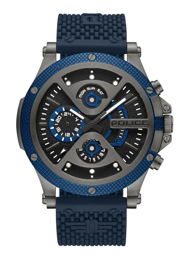 POLICE Men's Surigao Men's 47mm Multifunction Watch with Matte Black Dial & Navy Silicone Strap