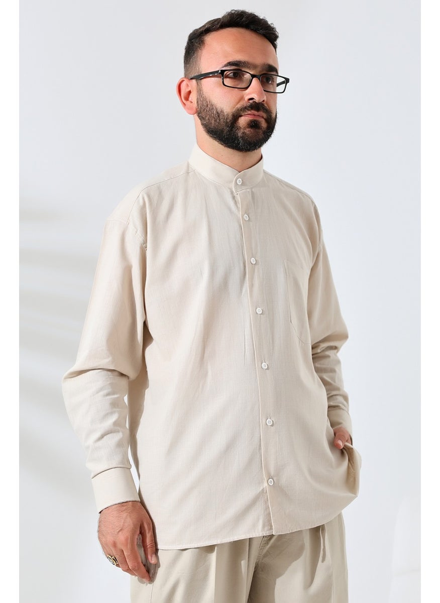 İhvan Online - Beige Men's Loose Cut Single Pocket Judge Collar Hajj and Umrah Linen Shirt - Image 1