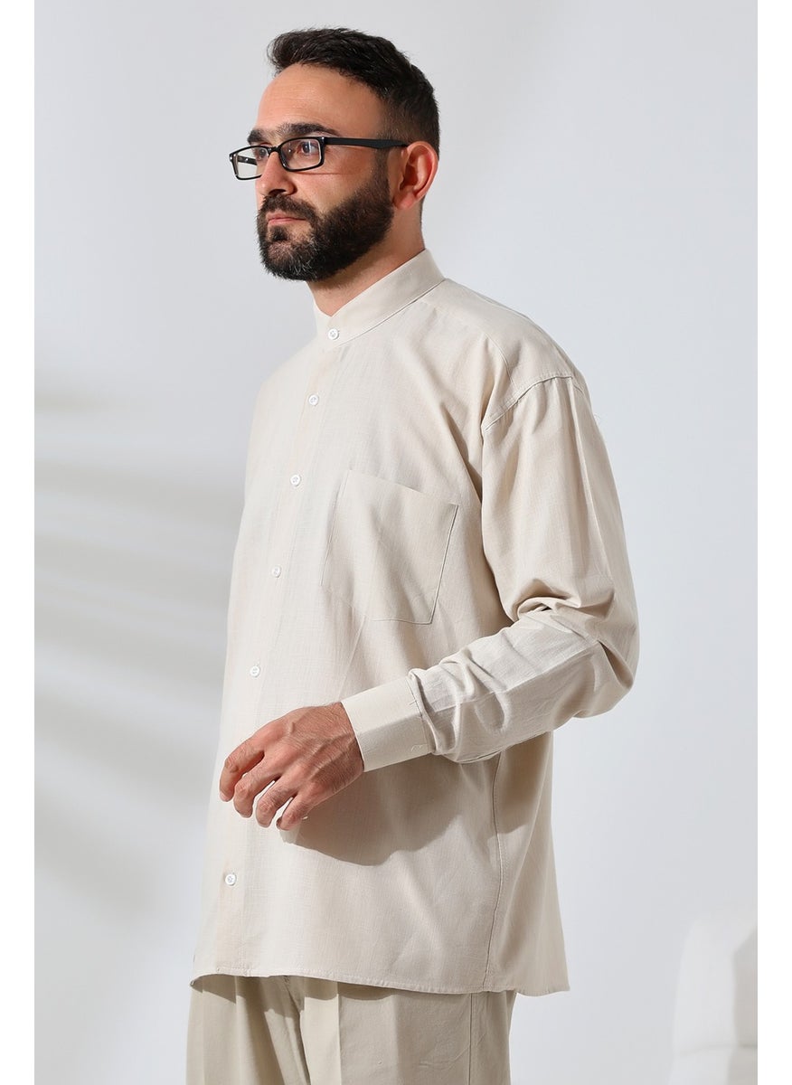 İhvan Online - Beige Men's Loose Cut Single Pocket Judge Collar Hajj and Umrah Linen Shirt - Image 1