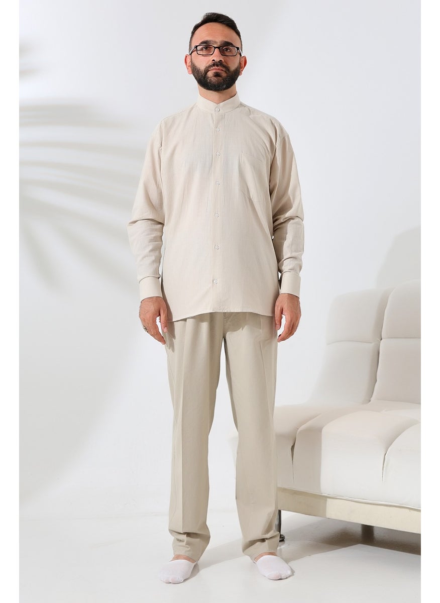 İhvan Online - Beige Men's Loose Cut Single Pocket Judge Collar Hajj and Umrah Linen Shirt - Image 1