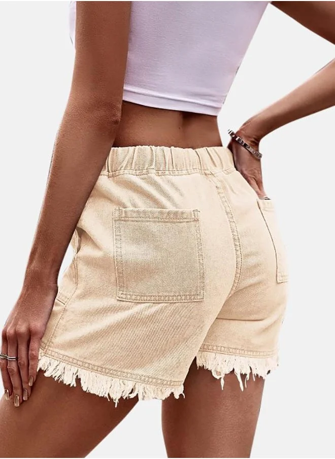 يونيكي Beige Solid Denim Shorts