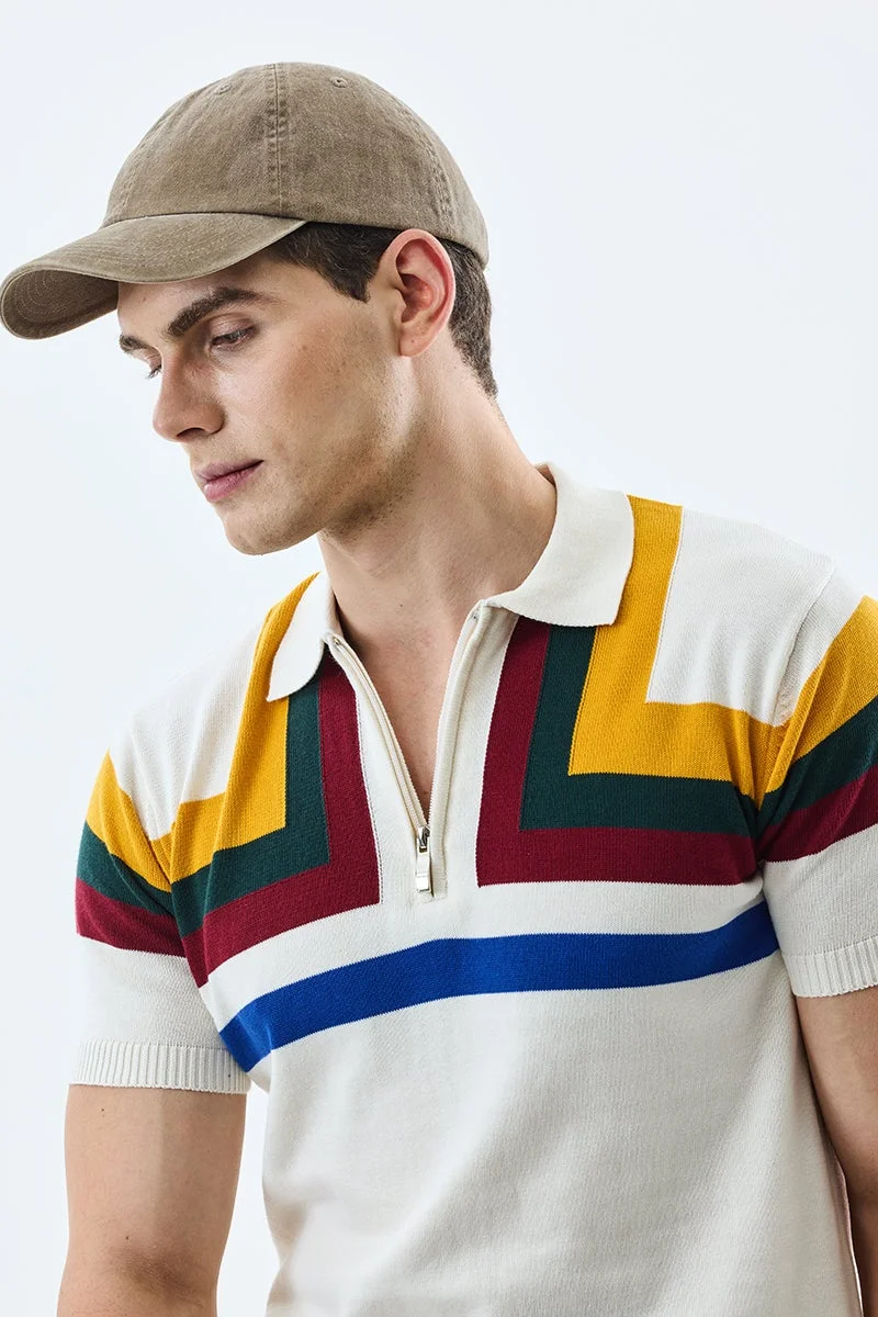 سنيتش White Geometric Half Sleeve Regular Fit T-Shirt