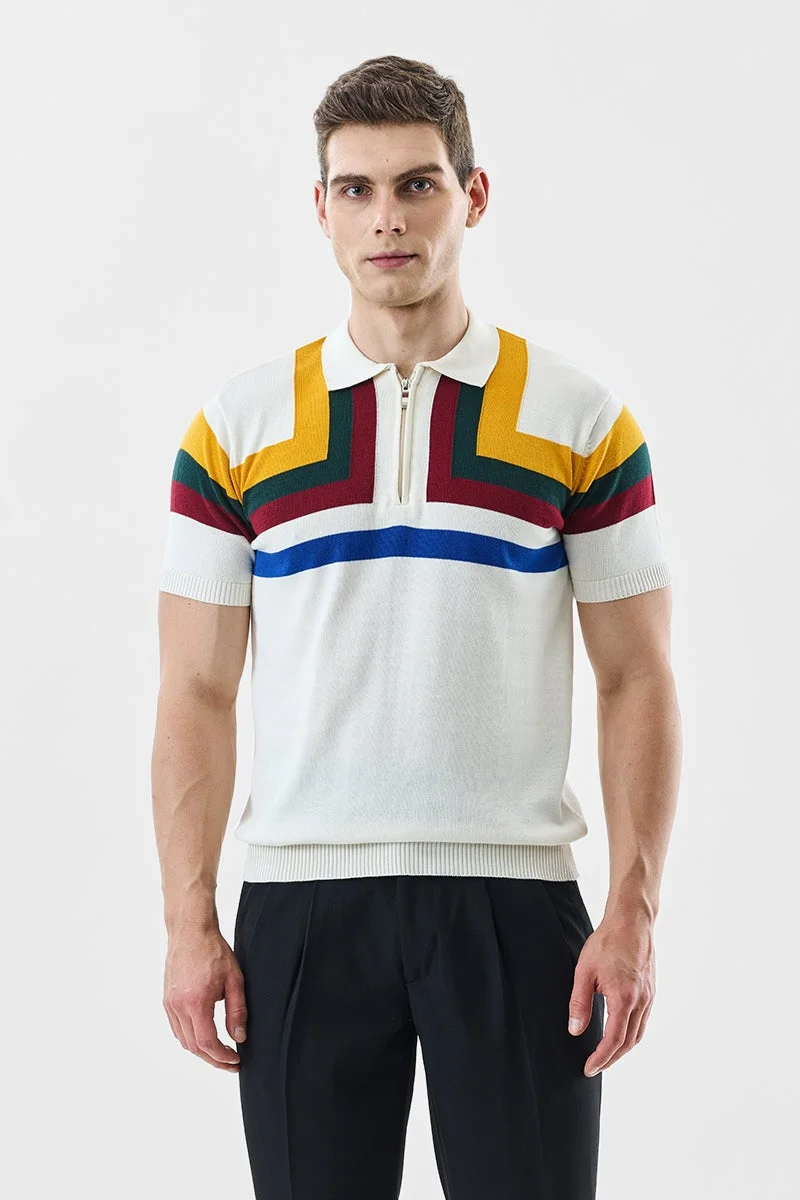 سنيتش White Geometric Half Sleeve Regular Fit T-Shirt