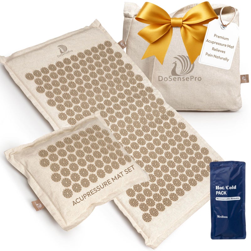 DoSensePro Acupressure Mat & Pillow Set â€“ 29" Natural Linen Mat with Coconut Fiber Fill & 6,831 Spikes â€“ Back Pain, Sciatica, Stress & Sleep Relief â€“ Includes Hot/Cold Gel Pack & Carry Bag (Beige) - Image 1