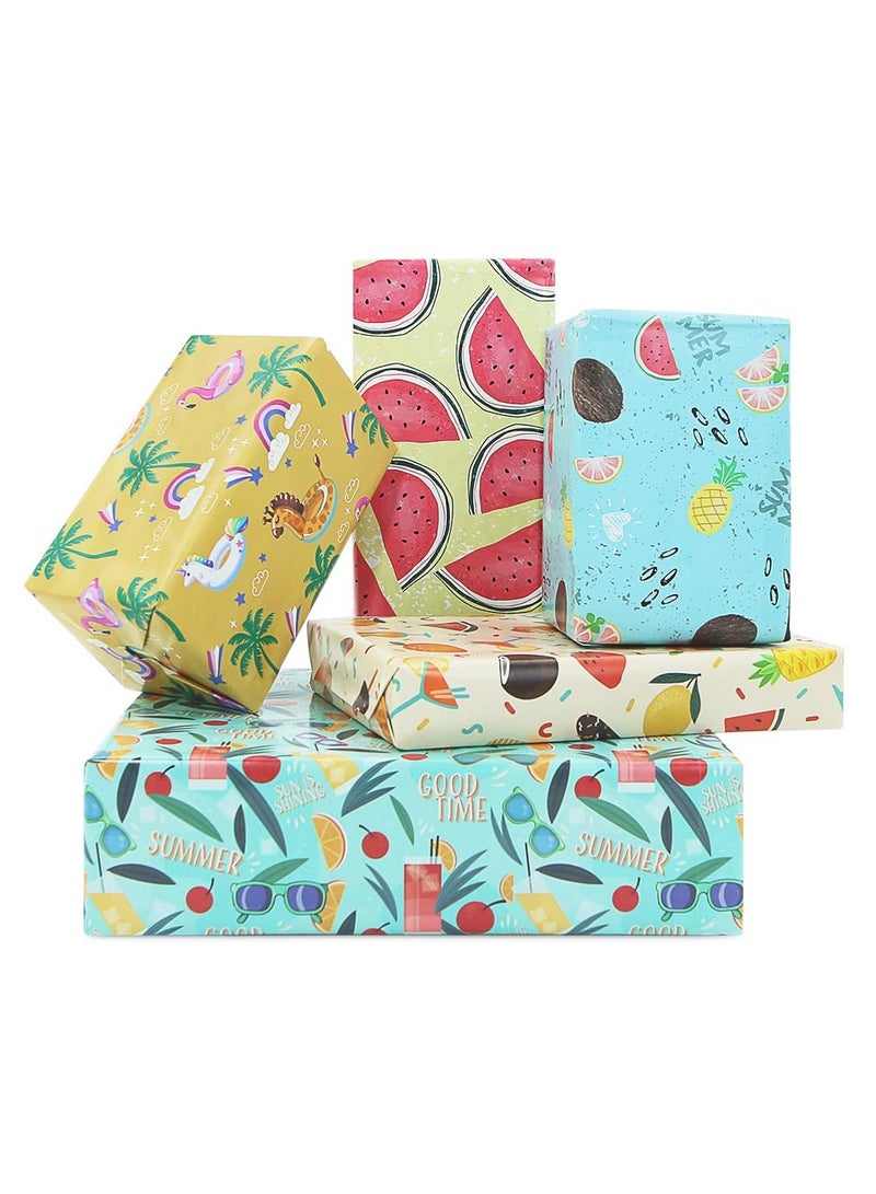 SYOSI Summer Wrapping Paper Folded Flat, Fruit Tropical Island Beach Theme Wrapping Paper (5 Designs,10 Sheets) - 27" X 20" Per Sheet for Kids Boys Girls on Birthday Holiday Baby Shower Pool Party - Image 1