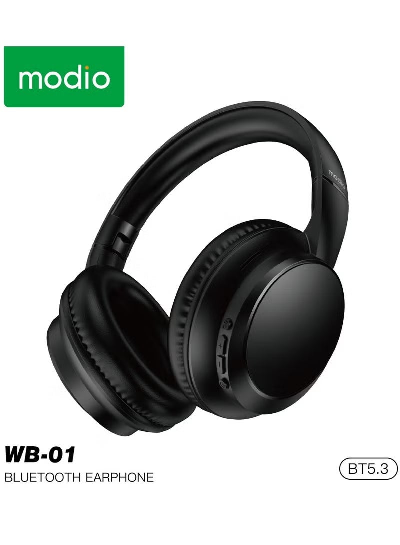 Modio WB 01 Wireless Headphones Over Ear Bluetooth Headset with HD Sound Deep Bass and Long Battery Life in Black - Image 1