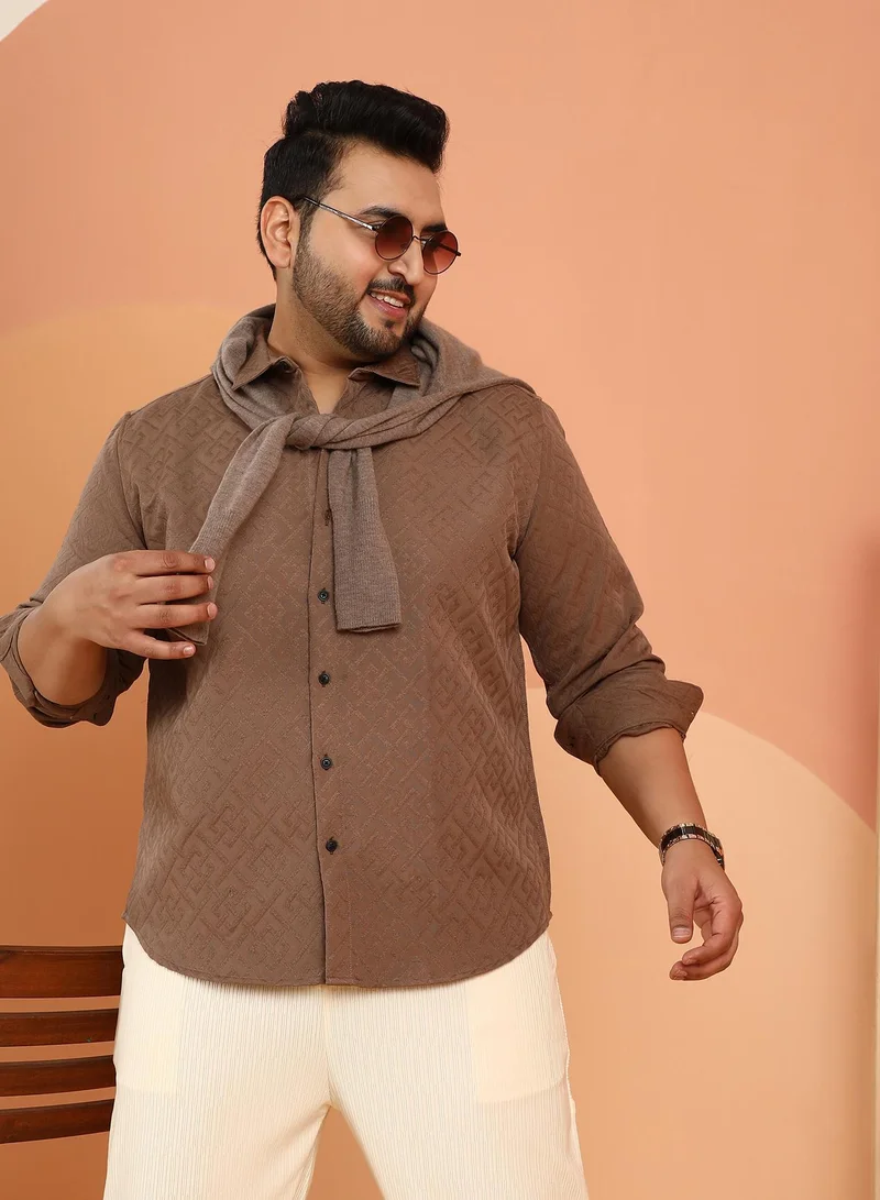 Instafab Plus Instafab Plus Men's Mocha Brown Geometric Self-Design Shirt For Casual Wear | Spread Collar | Long Cuffed Sleeves | Button Closure | Plus Size Shirt Crafted With Comfort Fit For Everyday Wear