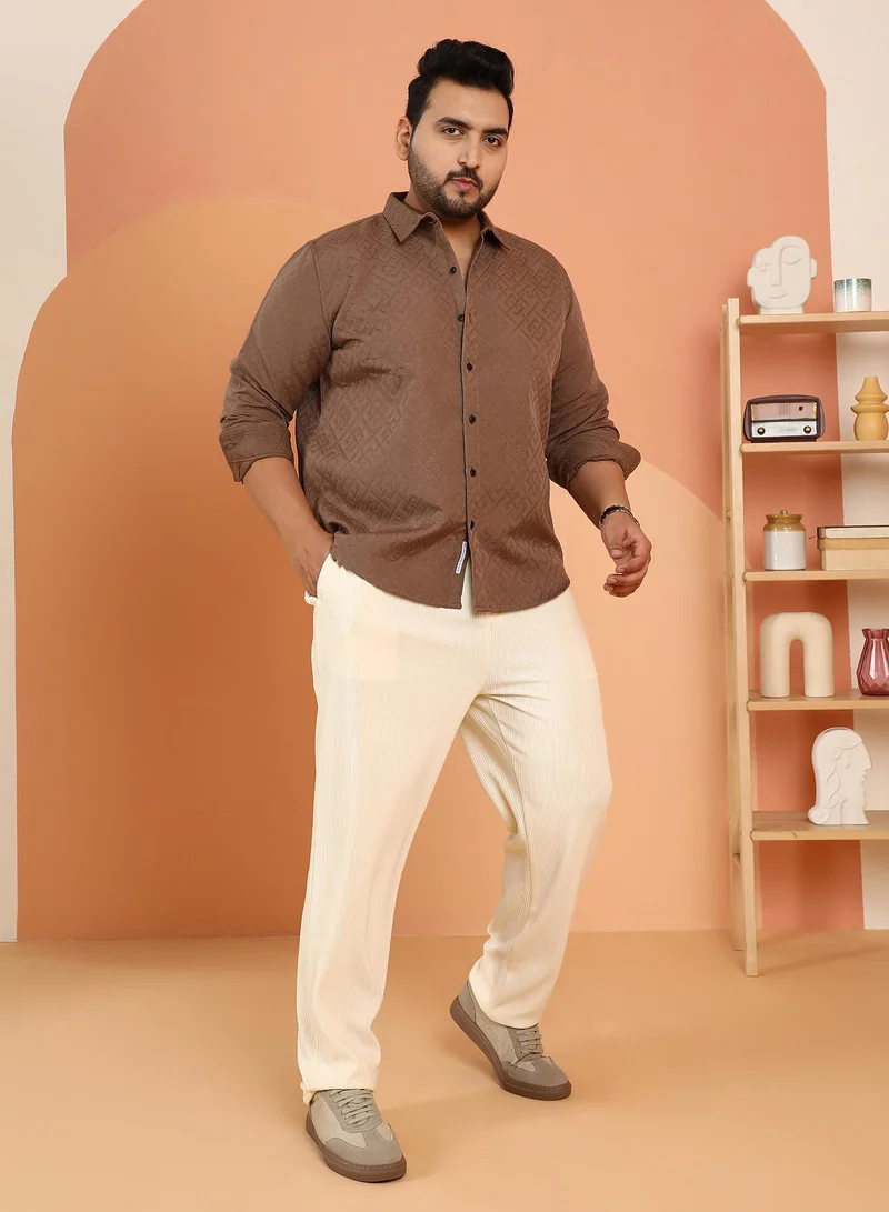 Instafab Plus  Instafab Plus Men's Mocha Brown Geometric Self-Design Shirt For Casual Wear | Spread Collar | Long Cuffed Sleeves | Button Closure | Plus Size Shirt Crafted With Comfort Fit For Everyday Wear for Men | Best Price UAE