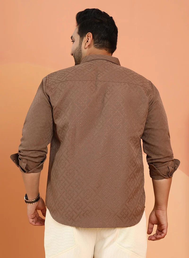 Instafab Plus  Instafab Plus Men's Mocha Brown Geometric Self-Design Shirt For Casual Wear | Spread Collar | Long Cuffed Sleeves | Button Closure | Plus Size Shirt Crafted With Comfort Fit For Everyday Wear for Men | Best Price UAE