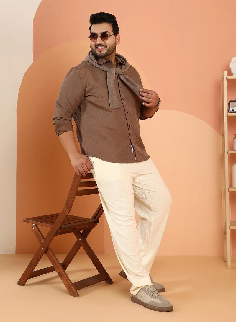 Instafab Plus  Instafab Plus Men's Mocha Brown Geometric Self-Design Shirt For Casual Wear | Spread Collar | Long Cuffed Sleeves | Button Closure | Plus Size Shirt Crafted With Comfort Fit For Everyday Wear for Men | Best Price UAE