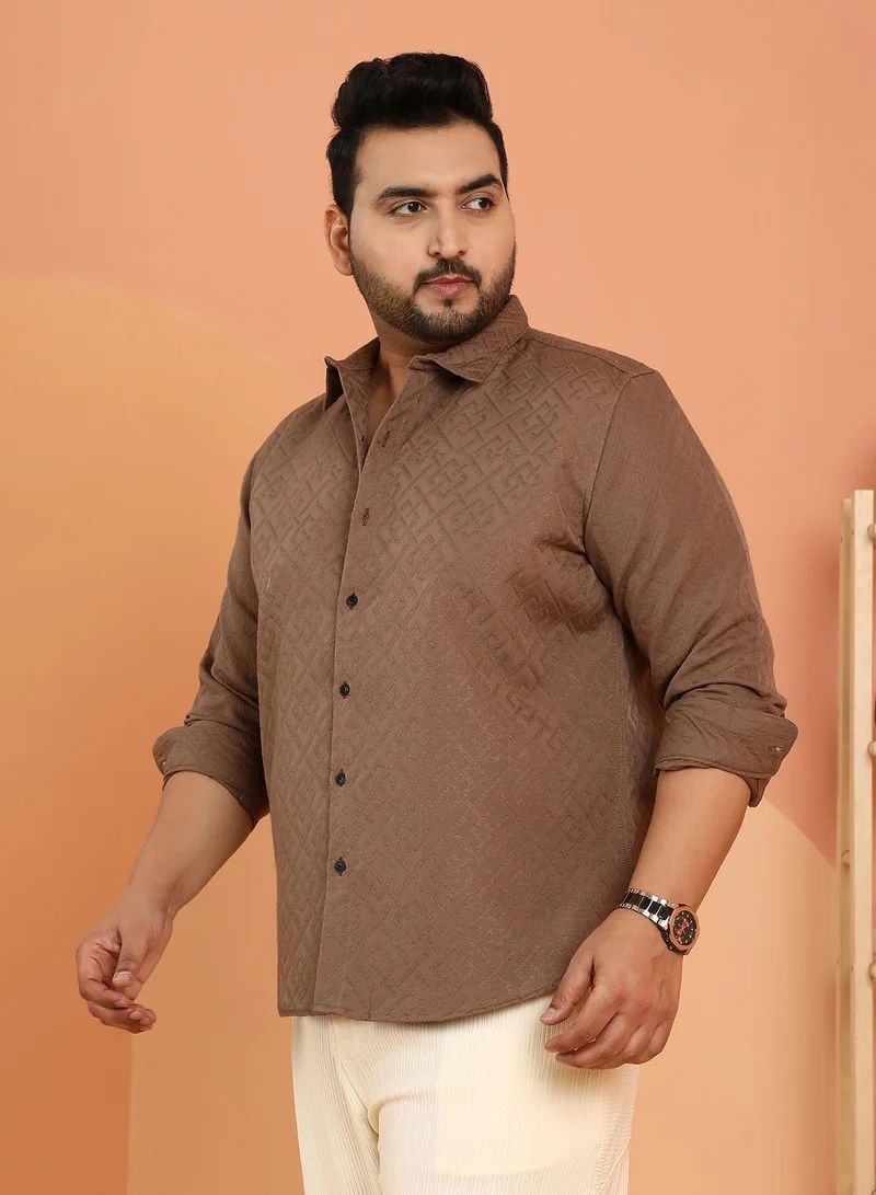 Instafab Plus  Instafab Plus Men's Mocha Brown Geometric Self-Design Shirt For Casual Wear | Spread Collar | Long Cuffed Sleeves | Button Closure | Plus Size Shirt Crafted With Comfort Fit For Everyday Wear for Men | Best Price UAE