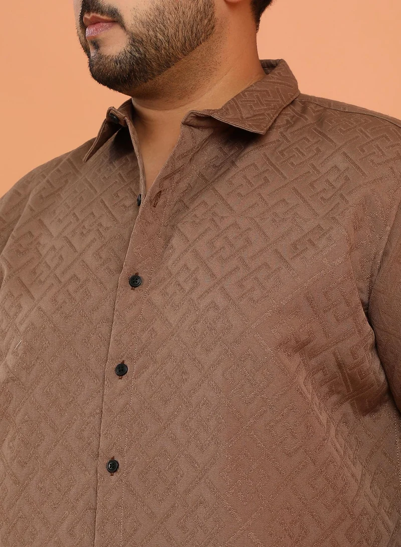 Instafab Plus  Instafab Plus Men's Mocha Brown Geometric Self-Design Shirt For Casual Wear | Spread Collar | Long Cuffed Sleeves | Button Closure | Plus Size Shirt Crafted With Comfort Fit For Everyday Wear for Men | Best Price UAE