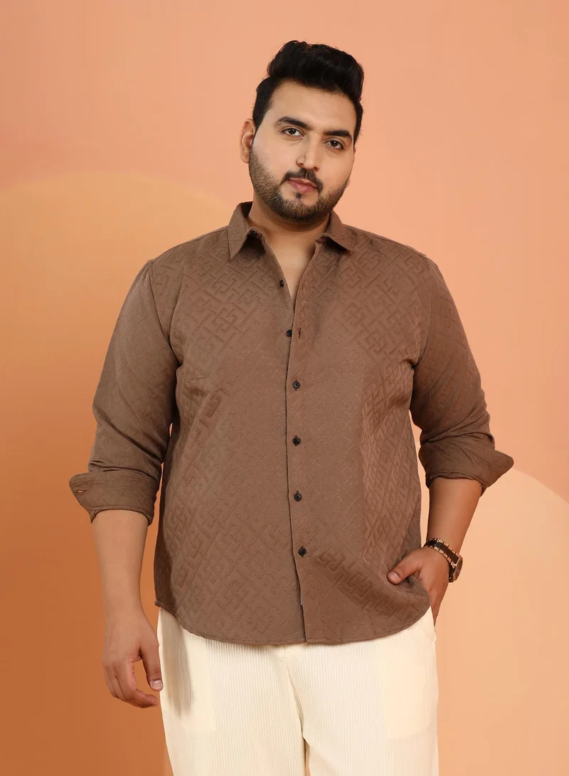 Instafab Plus Instafab Plus Men's Mocha Brown Geometric Self-Design Shirt For Casual Wear | Spread Collar | Long Cuffed Sleeves | Button Closure | Plus Size Shirt Crafted With Comfort Fit For Everyday Wear