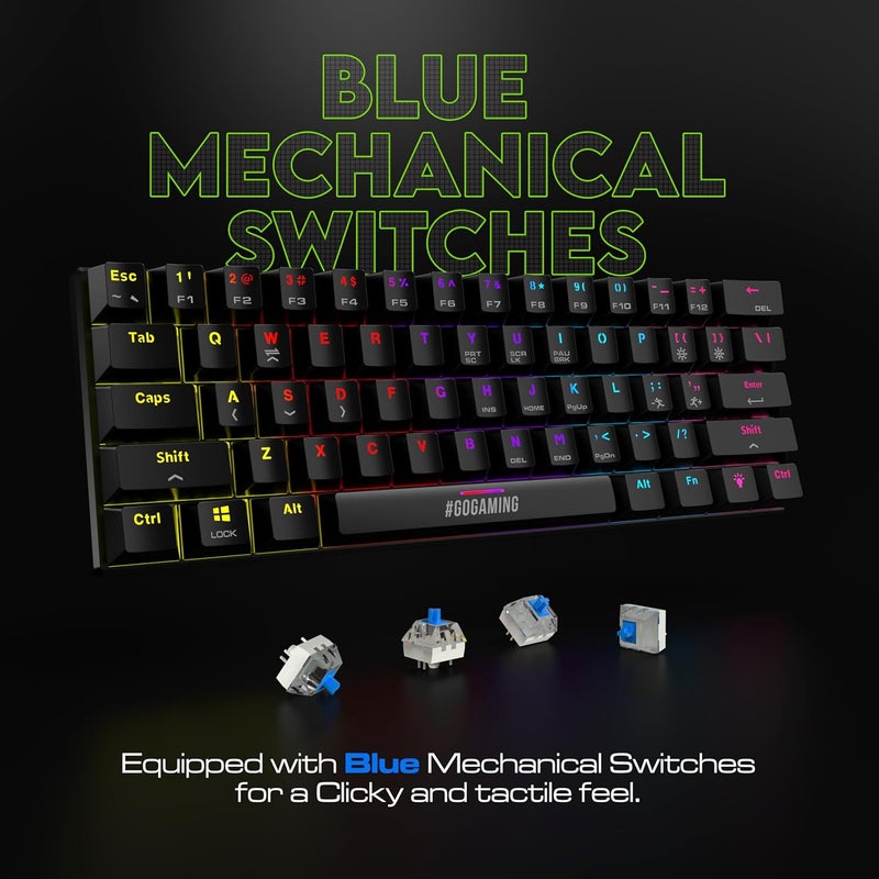 SpinBot لوحة مفاتيح ميكانيكية Rage MK61 - تصميم فائق الصغر 60% | مفاتيح زرقاء لمسية | إضاءة RGB ديناميكية متعددة الألوان | 22 مفتاح مضاد للتداخل | بناء ABS متين | كابل بطول 1.5م خالي من التشابك - Image 2