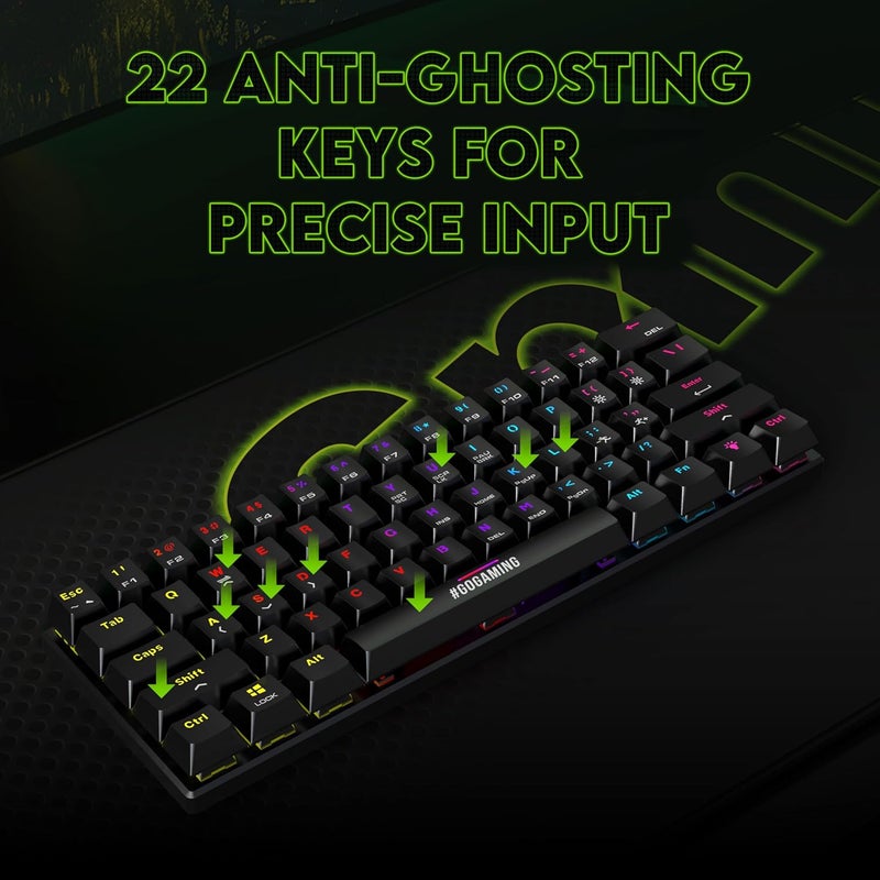 SpinBot لوحة مفاتيح ميكانيكية Rage MK61 - تصميم فائق الصغر 60% | مفاتيح زرقاء لمسية | إضاءة RGB ديناميكية متعددة الألوان | 22 مفتاح مضاد للتداخل | بناء ABS متين | كابل بطول 1.5م خالي من التشابك - Image 5