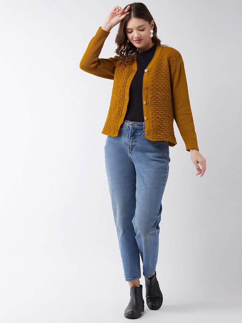 Pivl Self Design V Neck Casual Women Sweater/Cardigan for Winter (X-Large, Mustard) - Image 2