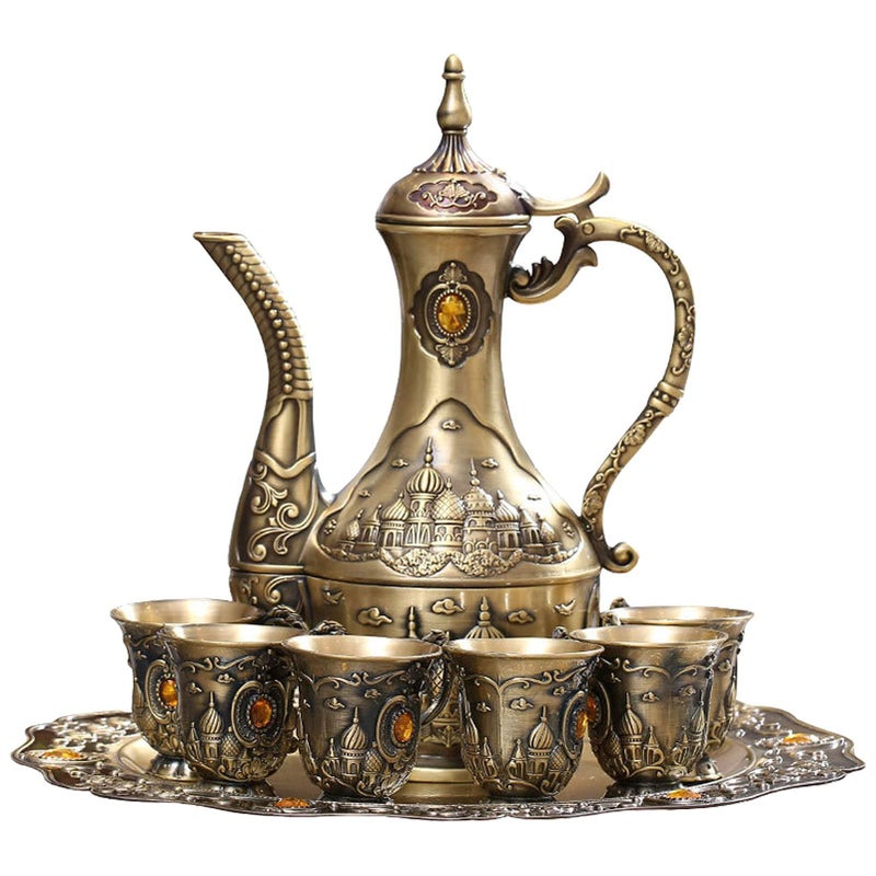 Vintage Turkish Coffee Pot Set for 6 Including Tray and TeapotMetal CupsTeapot and Cup Set for OneTea Service Set for Home Tea Table DecorWedding OrnamentsBrass