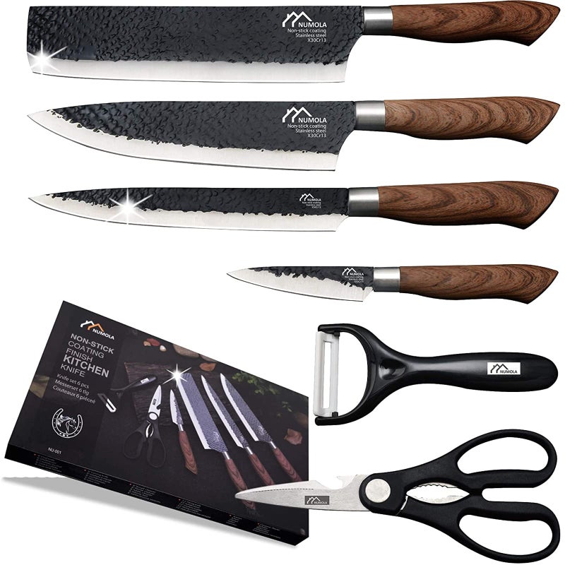 Numola 6 Pieces Black Professional Chef Knife Set BBQ Meat Knives for Cooking Forged Kitchen Knife with High Carbon Stainless Steel Cutlery Ergonomic Design Handle with Box for Couples Gift
