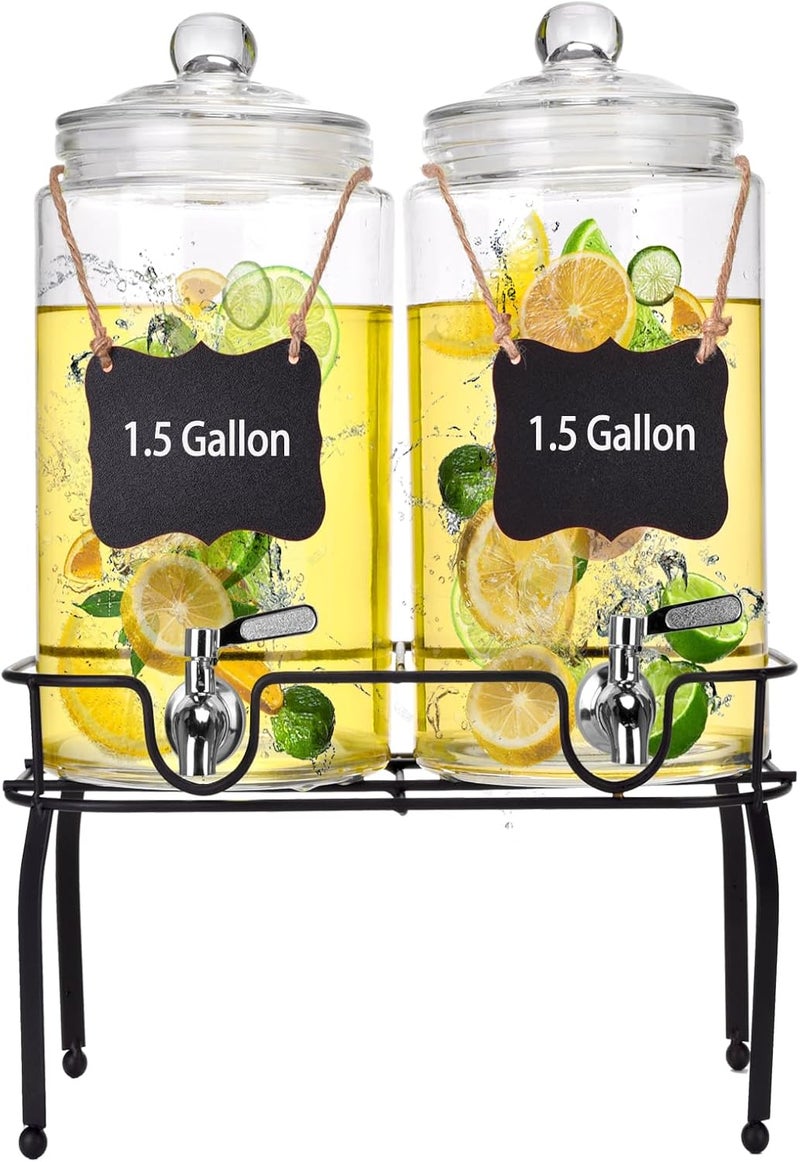 Edycur 1.5 Gallon Glass Drink Dispenser Set of 2, Drink Dispensers for Parties, Beverage Dispenser with Stand and Glass Lid, 100% Leakproof Spigot, Ideal for Lemonade, Juice, Laundry Detergent Dispenser - Image 1