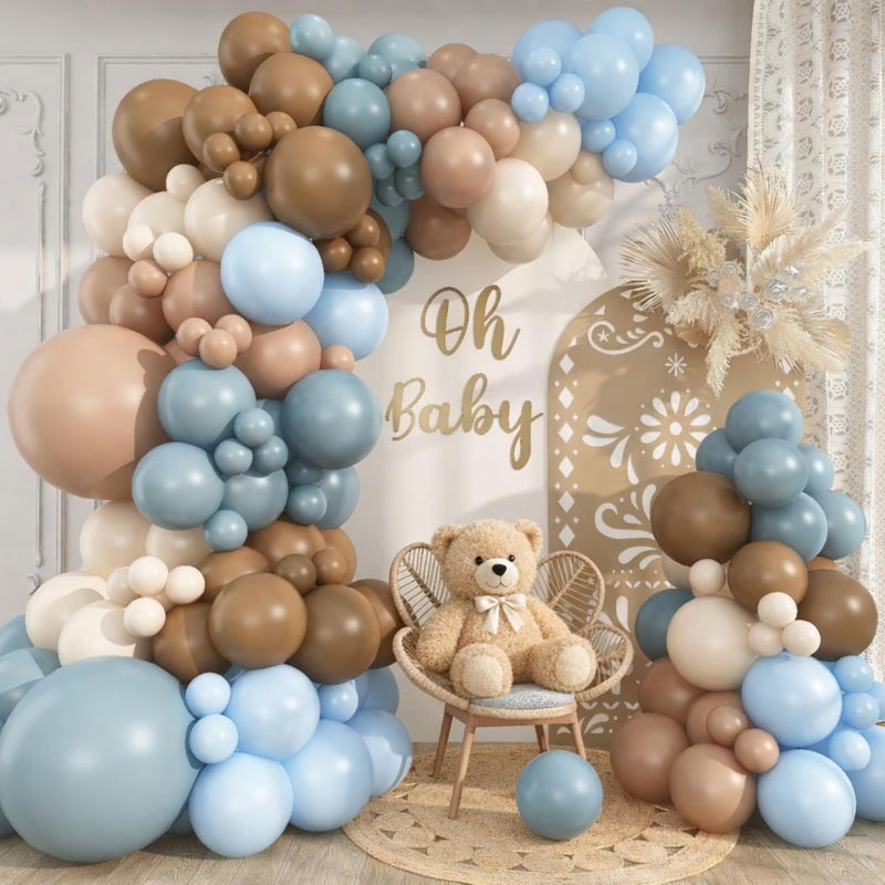 Froova Blue and Brown Balloon Garland Arch Kit 114Pcs Dusty Blue Double Stuffed Coffee Brown Sand White Balloons for Boy Bear Baby Shower Decorations Wedding Boho Birthday Party Decorations - Image 3