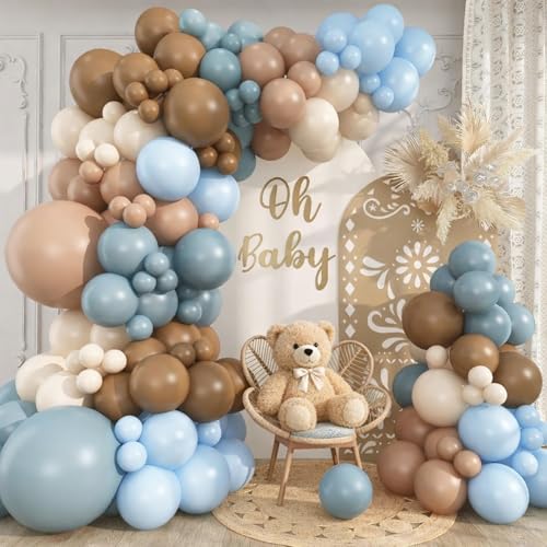 Froova Blue and Brown Balloon Garland Arch Kit 114Pcs Dusty Blue Double Stuffed Coffee Brown Sand White Balloons for Boy Bear Baby Shower Decorations Wedding Boho Birthday Party Decorations - Image 1