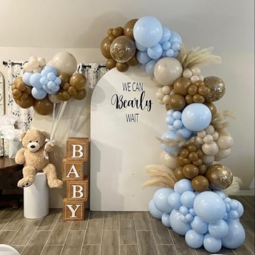 Froova Blue and Brown Balloon Garland Arch Kit 114Pcs Dusty Blue Double Stuffed Coffee Brown Sand White Balloons for Boy Bear Baby Shower Decorations Wedding Boho Birthday Party Decorations - Image 5