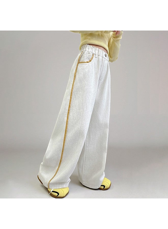 Bumblebee Girls' White Pants 2025 Summer New Straight Leg Pants Thin Large Kids' Denim Frayed Hem Wide Leg Pants Trendy - Image 3