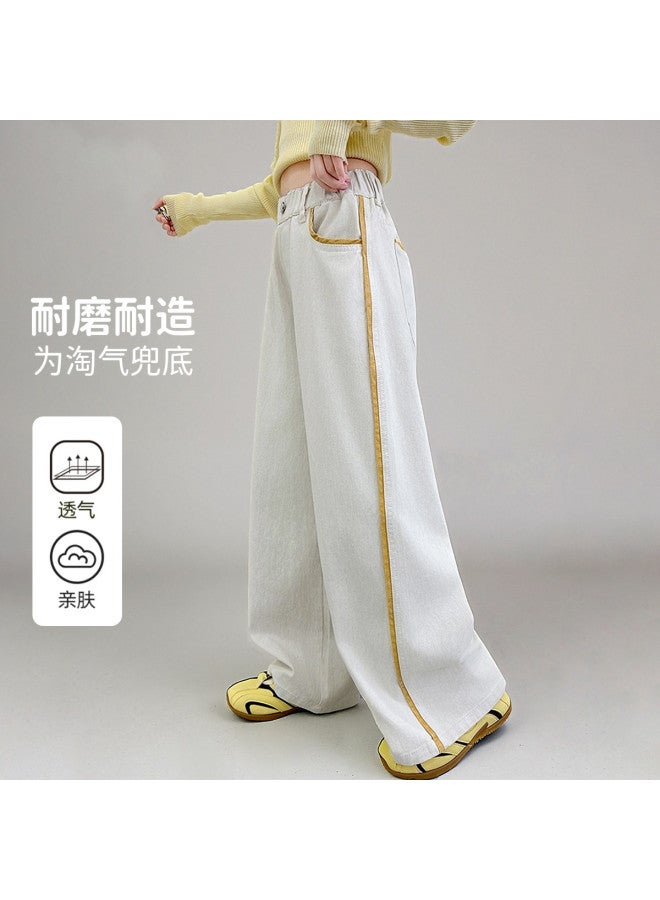 Bumblebee Girls' White Pants 2025 Summer New Straight Leg Pants Thin Large Kids' Denim Frayed Hem Wide Leg Pants Trendy - Image 2