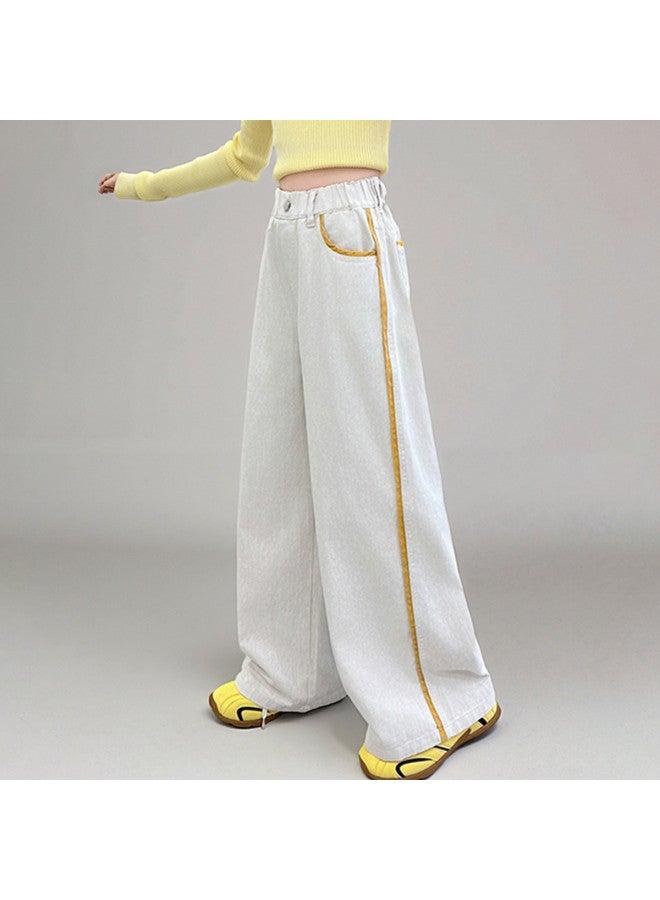 Bumblebee Girls' White Pants 2025 Summer New Straight Leg Pants Thin Large Kids' Denim Frayed Hem Wide Leg Pants Trendy - Image 4