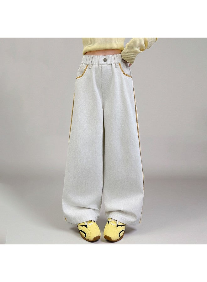 Bumblebee Girls' White Pants 2025 Summer New Straight Leg Pants Thin Large Kids' Denim Frayed Hem Wide Leg Pants Trendy - Image 5