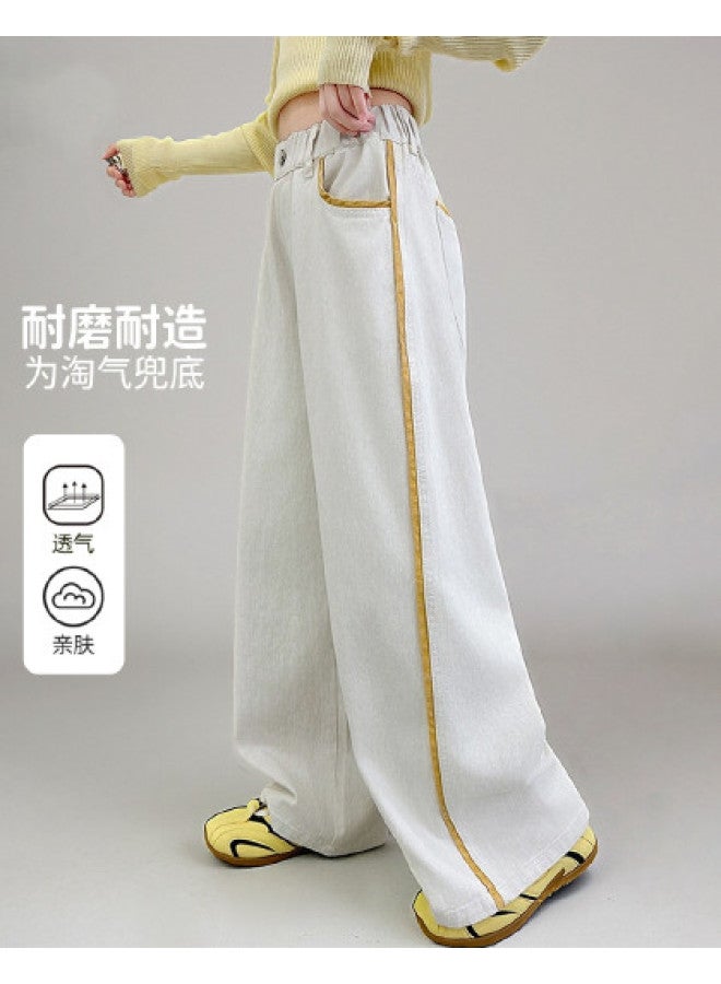 Bumblebee Girls' White Pants 2025 Summer New Straight Leg Pants Thin Large Kids' Denim Frayed Hem Wide Leg Pants Trendy - Image 1
