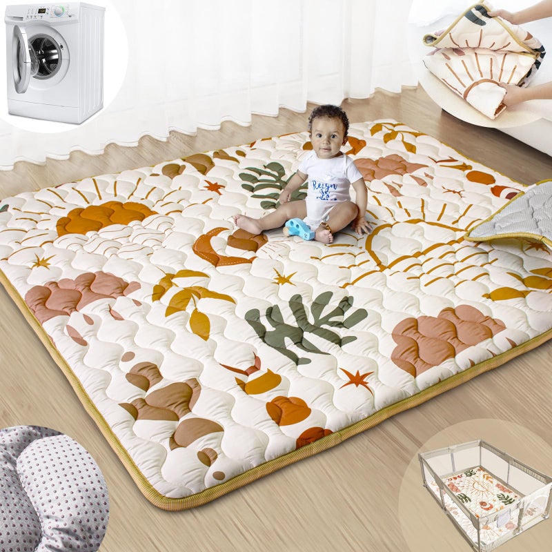 Beavtaens Baby Play Mats for Floor, 71â€x59â€ Upgraded Thickness & Larger Super Soft Playmat for Babies and Toddlers, Foldable Washable, Upgrade Anti-Slip Crawling Mat for Playpen(Boho Nature) - Image 1