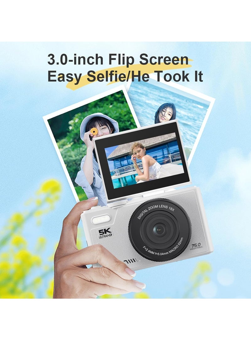 Digital Camera, 5K Point and Shoot Digital Cameras with 128GB SD Card, 75MP Digital Camera for Photography and Video, Vlogging Camera with 3'' Flip Screen, 18X Digital Zoom Cameras Digital for Kids Boys Girls - Image 5