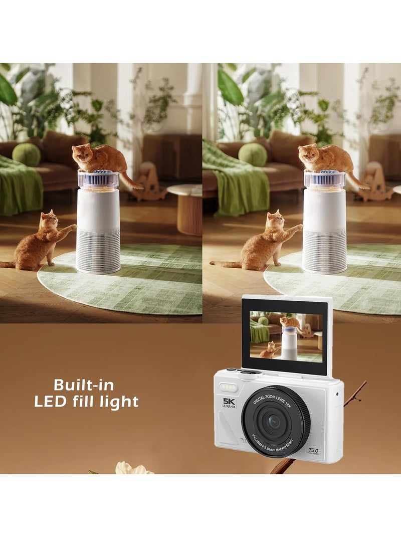 Digital Camera, 5K Point and Shoot Digital Cameras with 128GB SD Card, 75MP Digital Camera for Photography and Video, Vlogging Camera with 3'' Flip Screen, 18X Digital Zoom Cameras Digital for Kids Boys Girls - Image 3