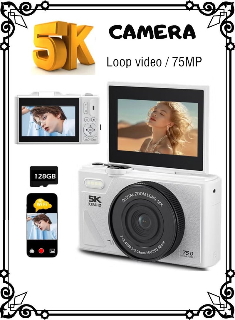 Digital Camera, 5K Point and Shoot Digital Cameras with 128GB SD Card, 75MP Digital Camera for Photography and Video, Vlogging Camera with 3'' Flip Screen, 18X Digital Zoom Cameras Digital for Kids Boys Girls - Image 1