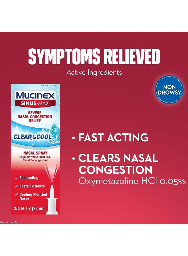 MUCINEX بخاخ الأنف الشفاف والمنعش Sinus-Max Severe Nasal Congestion Relief، 0.75 أونصة سائلة، يدوم لمدة 12 ساعة، سريع المفعول، بنكهة النعناع المنعشة  - Image 2