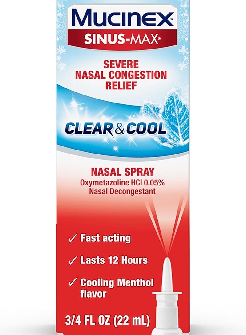 MUCINEX بخاخ الأنف الشفاف والمنعش Sinus-Max Severe Nasal Congestion Relief، 0.75 أونصة سائلة، يدوم لمدة 12 ساعة، سريع المفعول، بنكهة النعناع المنعشة  - Image 1