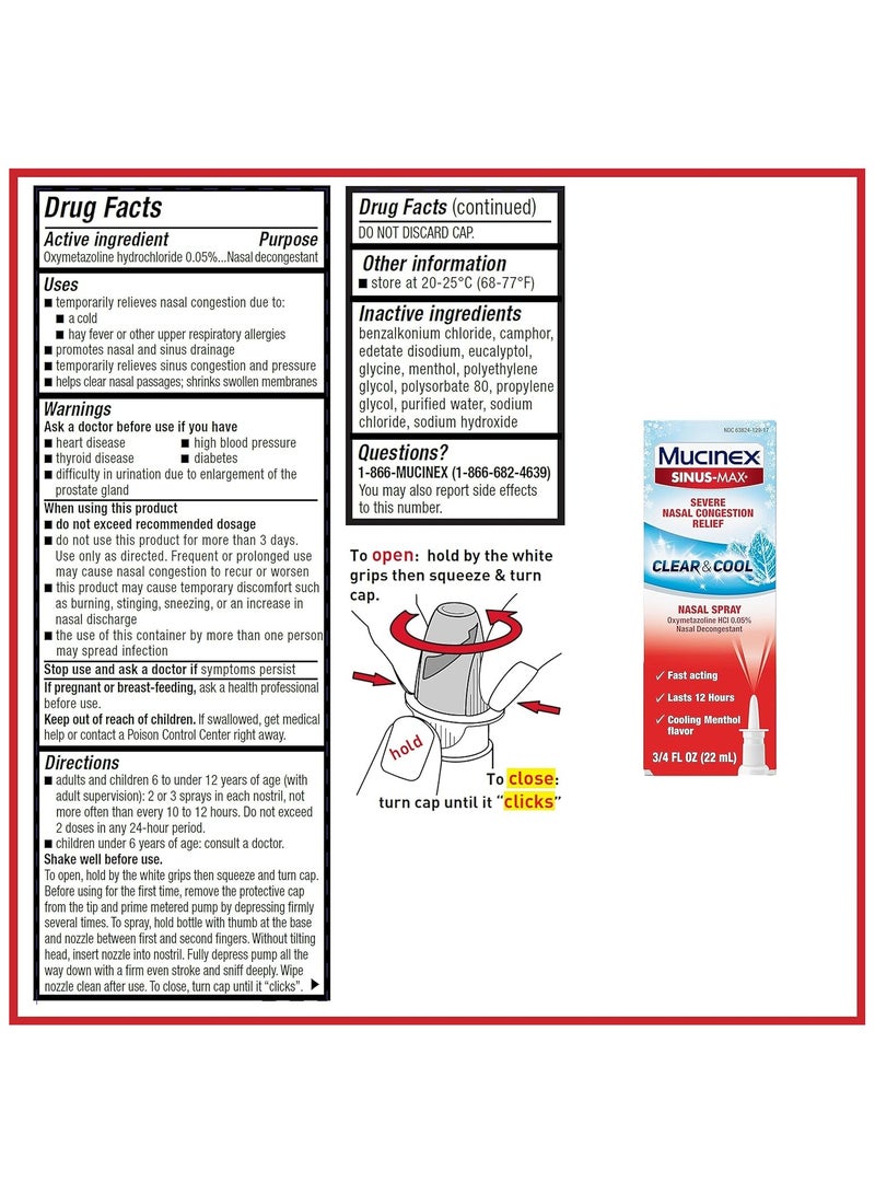 MUCINEX بخاخ الأنف الشفاف والمنعش Sinus-Max Severe Nasal Congestion Relief، 0.75 أونصة سائلة، يدوم لمدة 12 ساعة، سريع المفعول، بنكهة النعناع المنعشة  - Image 3