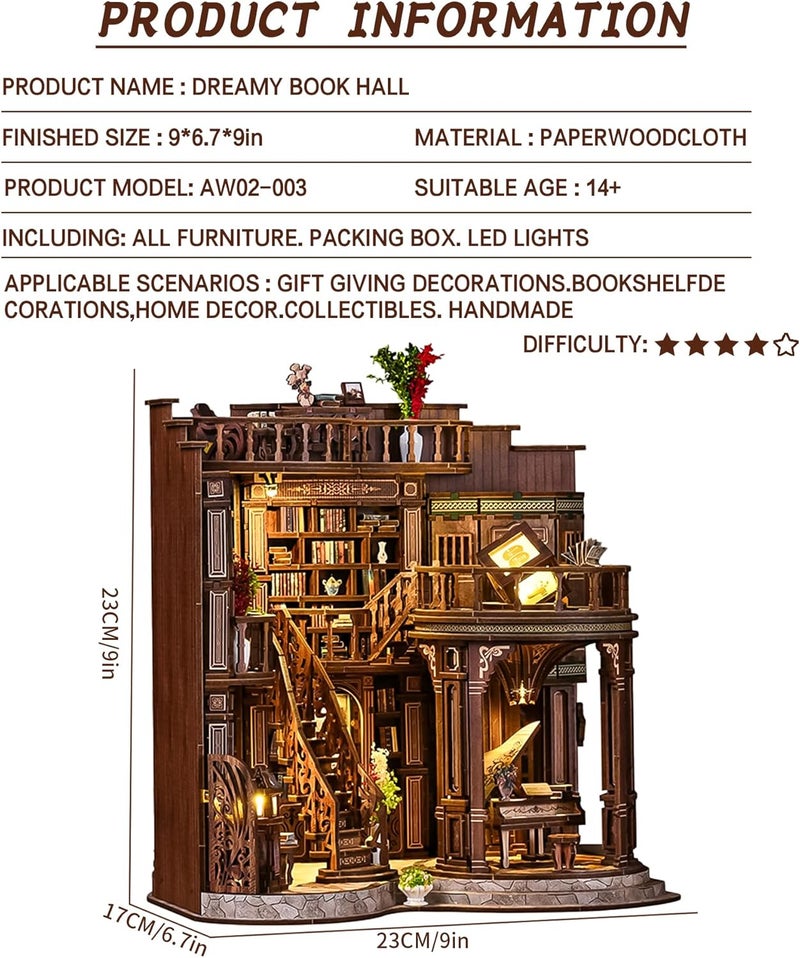 Spilay General need oriented design DIY Miniature House, 3D Wooden Dollhouse Building Kit, Creative Craft Set for Adults - 1:24 Scale Creative Dollhouse Toy for Adults Gift - Dreamy Book Hall - AW02-003 | With Warm LED Light, DIY Wooden Craft for Bookshelf Decor, Reading Nook Display, Book Lover Gifts & Home Decoration Minimal design - Image 2