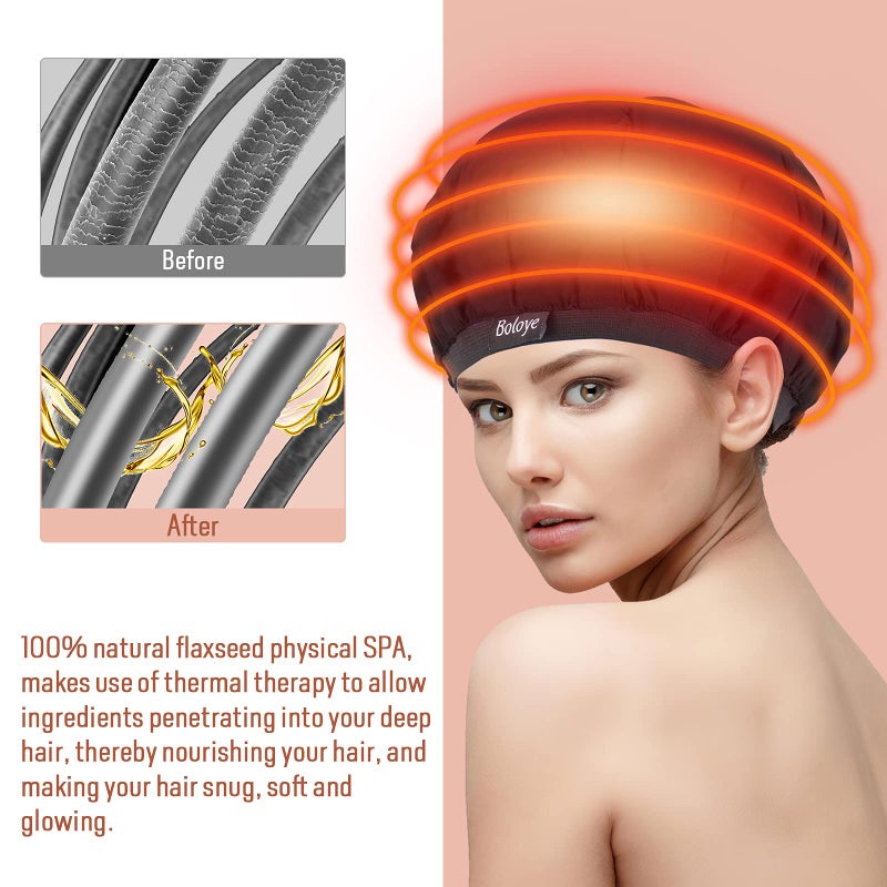 Boloye غطاء تسخين عميق بزيت الكتان - غطاء ساخن بدون سلك 100% آمن للاستخدام في الميكروويف للعناية بالشعر المجعد الطبيعي، التجفيف، التصفيف، التجعيد، حجم عالمي (10 قطع غطاء استحمام للاستخدام مرة واحدة) (أسود) - Image 4