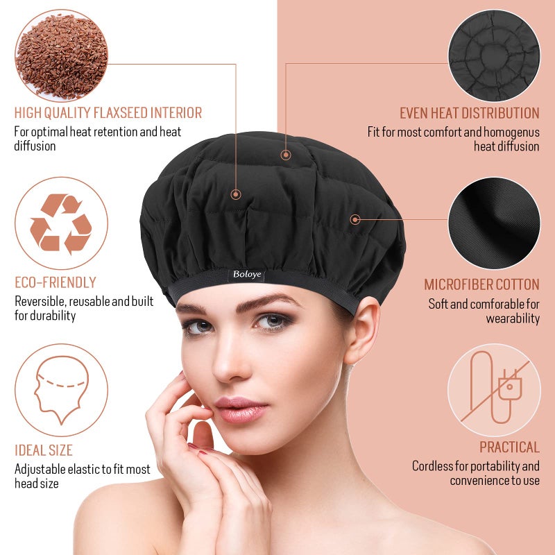 Boloye غطاء تسخين عميق بزيت الكتان - غطاء ساخن بدون سلك 100% آمن للاستخدام في الميكروويف للعناية بالشعر المجعد الطبيعي، التجفيف، التصفيف، التجعيد، حجم عالمي (10 قطع غطاء استحمام للاستخدام مرة واحدة) (أسود) - Image 2