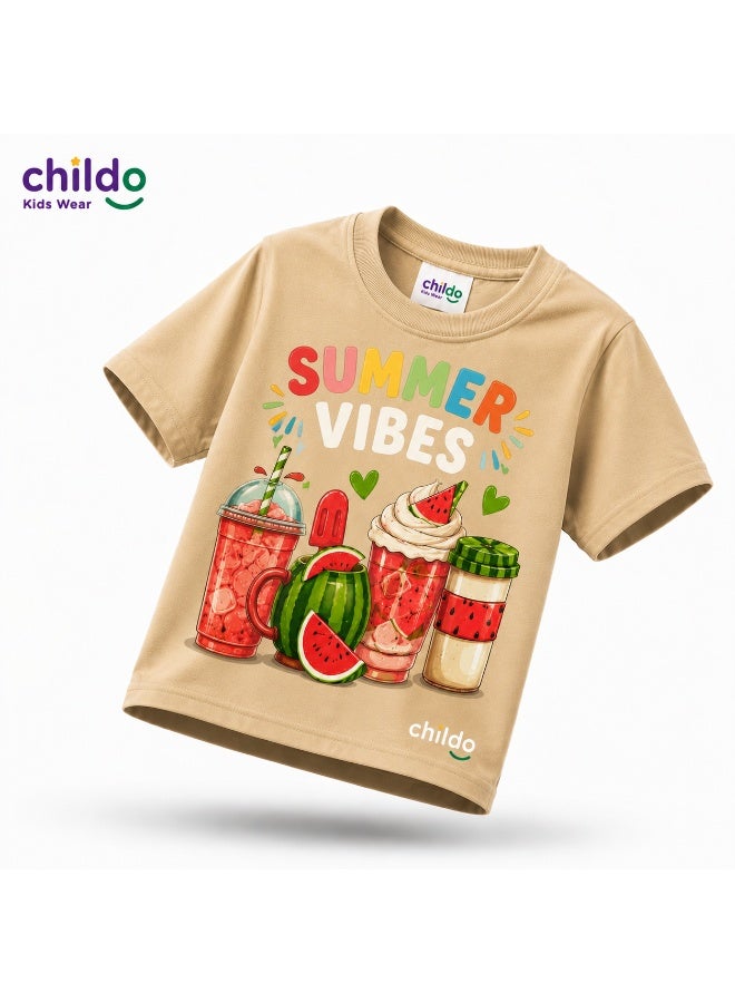 تيشيرت أطفال شيلدو بأكمام قصيرة بطبعة "Summer Vibes" ومشروبات صيفية، بيج