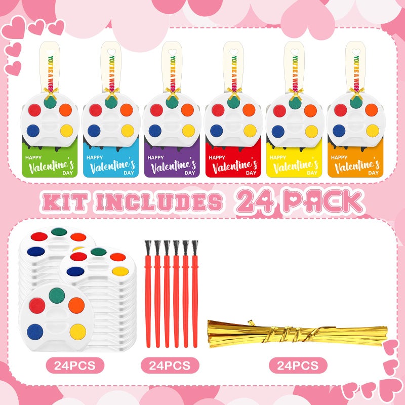 Noveread 24 Set Valentine's Day Gifts for Kids Watercolor Paint Sets with Cards Heart Shaped Watercolor Paint Sets for Kids Class Valentines Party Favors School Classroom Exchanges Gift(Vivid Style) - Image 3
