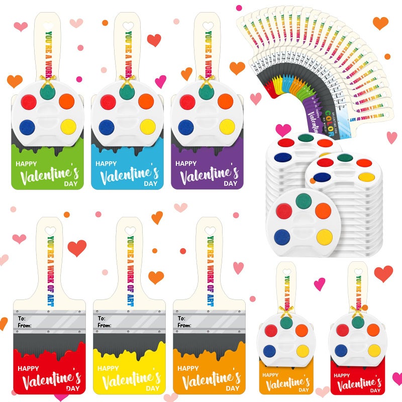 Noveread 24 Set Valentine's Day Gifts for Kids Watercolor Paint Sets with Cards Heart Shaped Watercolor Paint Sets for Kids Class Valentines Party Favors School Classroom Exchanges Gift(Vivid Style) - Image 1