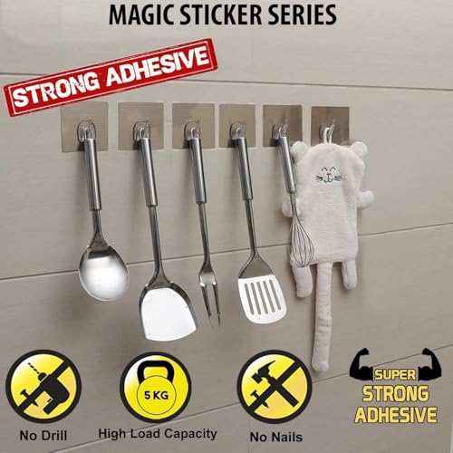 Density Collection Wall Hooks Utility Towel Bathrobe Coats,Bathroom Kitchen Waterproof and Oil Proof Nail Free Transparent Heavy Duty Wall Hook & Ceiling Hanger-8 Kg Capicity Each Hook (6) - Image 3