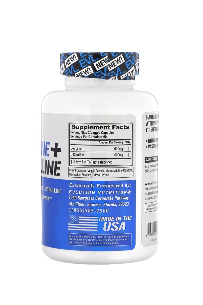 EVLUTION NUTRITION L-Arginine + L-Citrulline 120 Veggie Capsules - Image 2