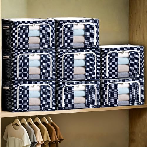 CLAPONE Foldable Steel Frame Cloth Organizer Storage Box and Organiser/Wardrobe Organizer for Storage/almirah for Sarees/Shirts/Blankets/Clothes Storage Box (Blue, 24 Ltr Pack Of 8) - Image 1