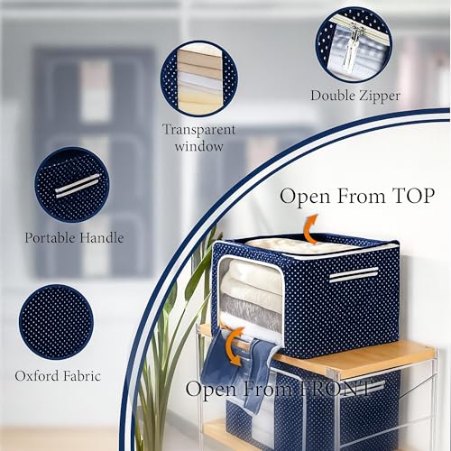 CLAPONE Foldable Steel Frame Cloth Organizer Storage Box and Organiser/Wardrobe Organizer for Storage/almirah for Sarees/Shirts/Blankets/Clothes Storage Box (Blue, 24 Ltr Pack Of 8) - Image 3
