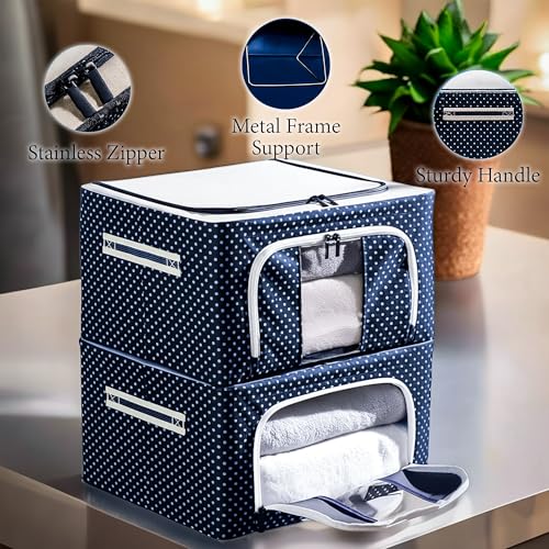 CLAPONE Foldable Steel Frame Cloth Organizer Storage Box and Organiser/Wardrobe Organizer for Storage/almirah for Sarees/Shirts/Blankets/Clothes Storage Box (Blue, 24 Ltr Pack Of 8) - Image 5