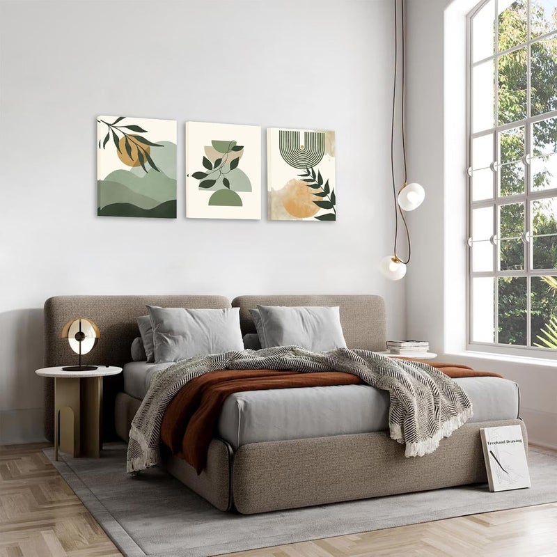 KBKBART All-item unified delivery Green Boho Wall Art Set of 3, Framed Canvas Wall Art Green Leaves Sun Mountain Abstract Geometric Line Artwork, Mid-Century Modern Wall Prints Poster, Nordic Green Boho Wall Decor for Living Flexible use switching - Image 5
